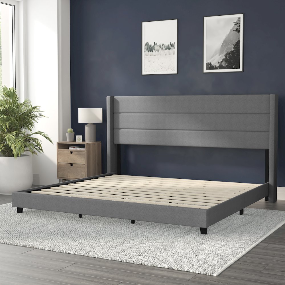 King Upholstered Platform Bed with Wingback Headboard, Gray Faux Linen. Picture 6