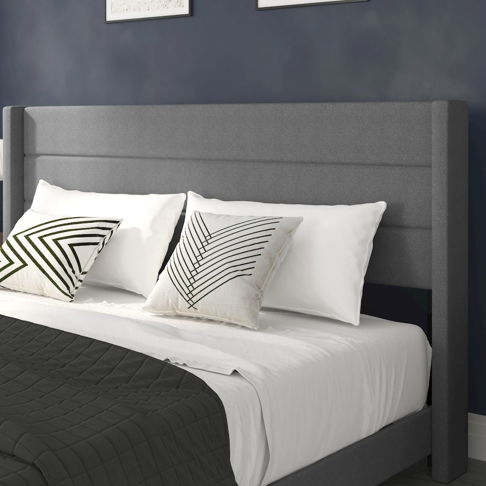 King Upholstered Platform Bed with Wingback Headboard, Gray Faux Linen. Picture 7