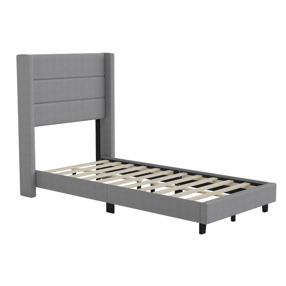 Twin Upholstered Platform Bed with Wingback Headboard, Gray Faux Linen. Picture 1