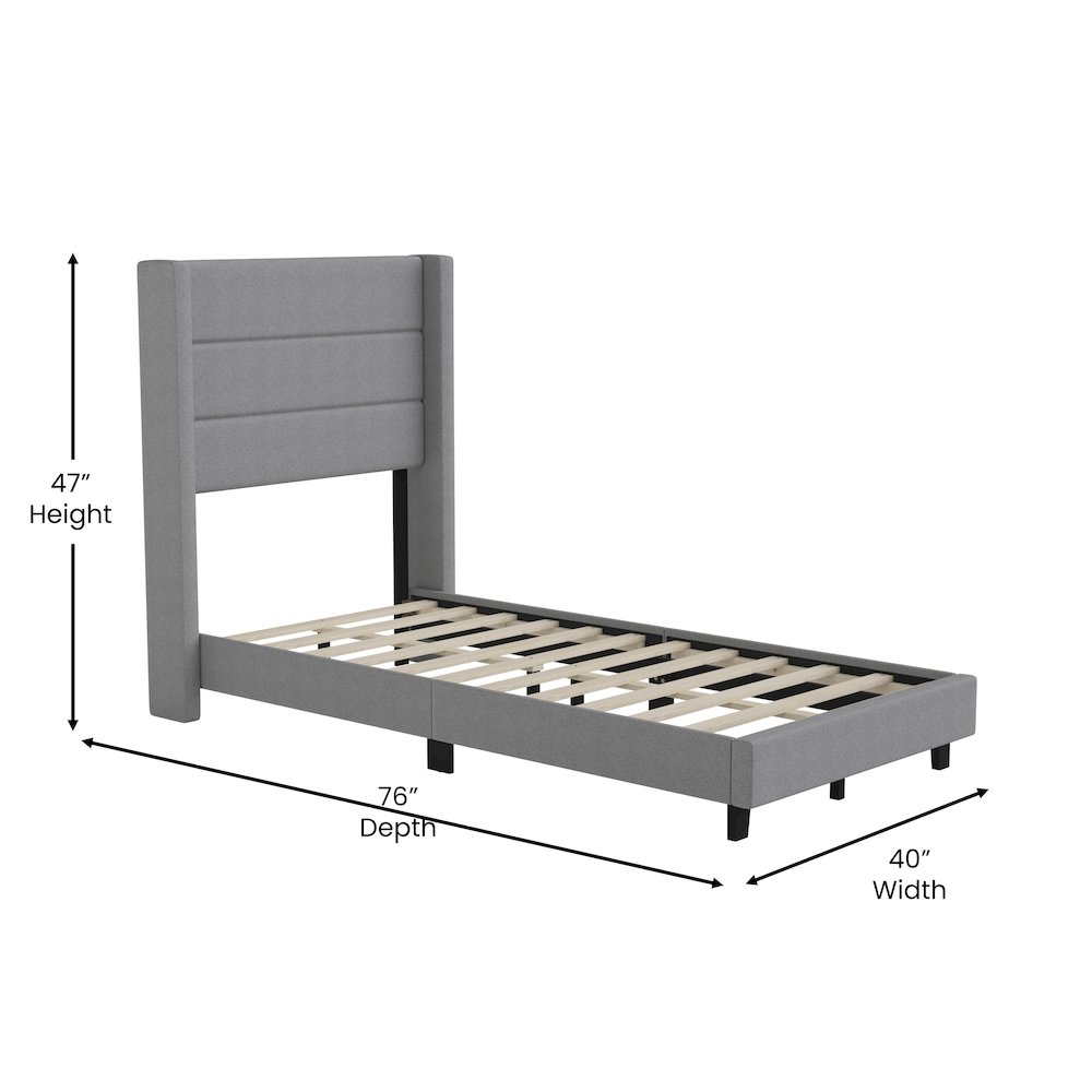 Twin Upholstered Platform Bed with Wingback Headboard, Gray Faux Linen. Picture 5