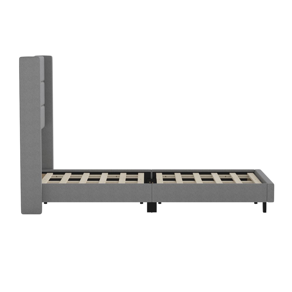 Twin Upholstered Platform Bed with Wingback Headboard, Gray Faux Linen. Picture 9