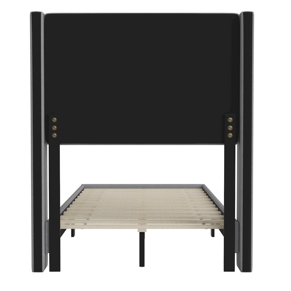 Twin Upholstered Platform Bed with Wingback Headboard, Gray Faux Linen. Picture 8