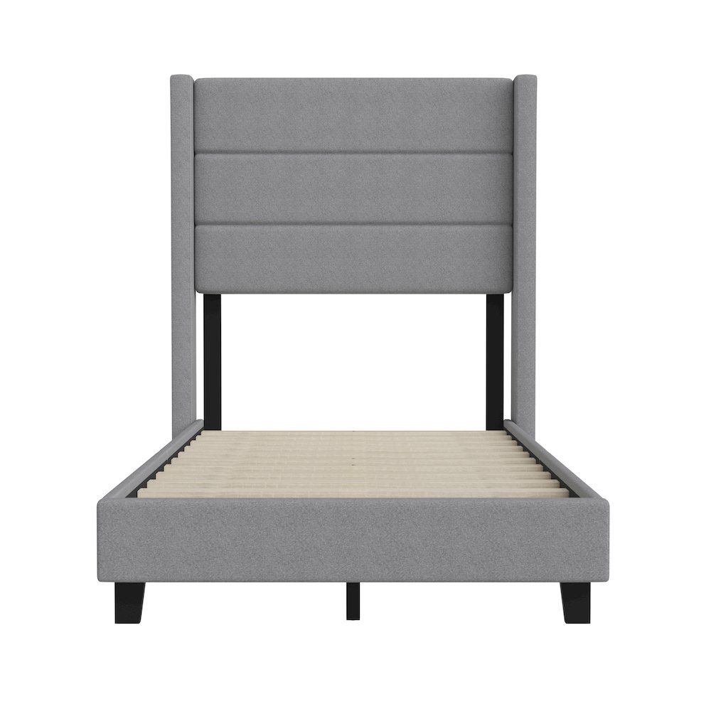 Twin Upholstered Platform Bed with Wingback Headboard, Gray Faux Linen. Picture 10