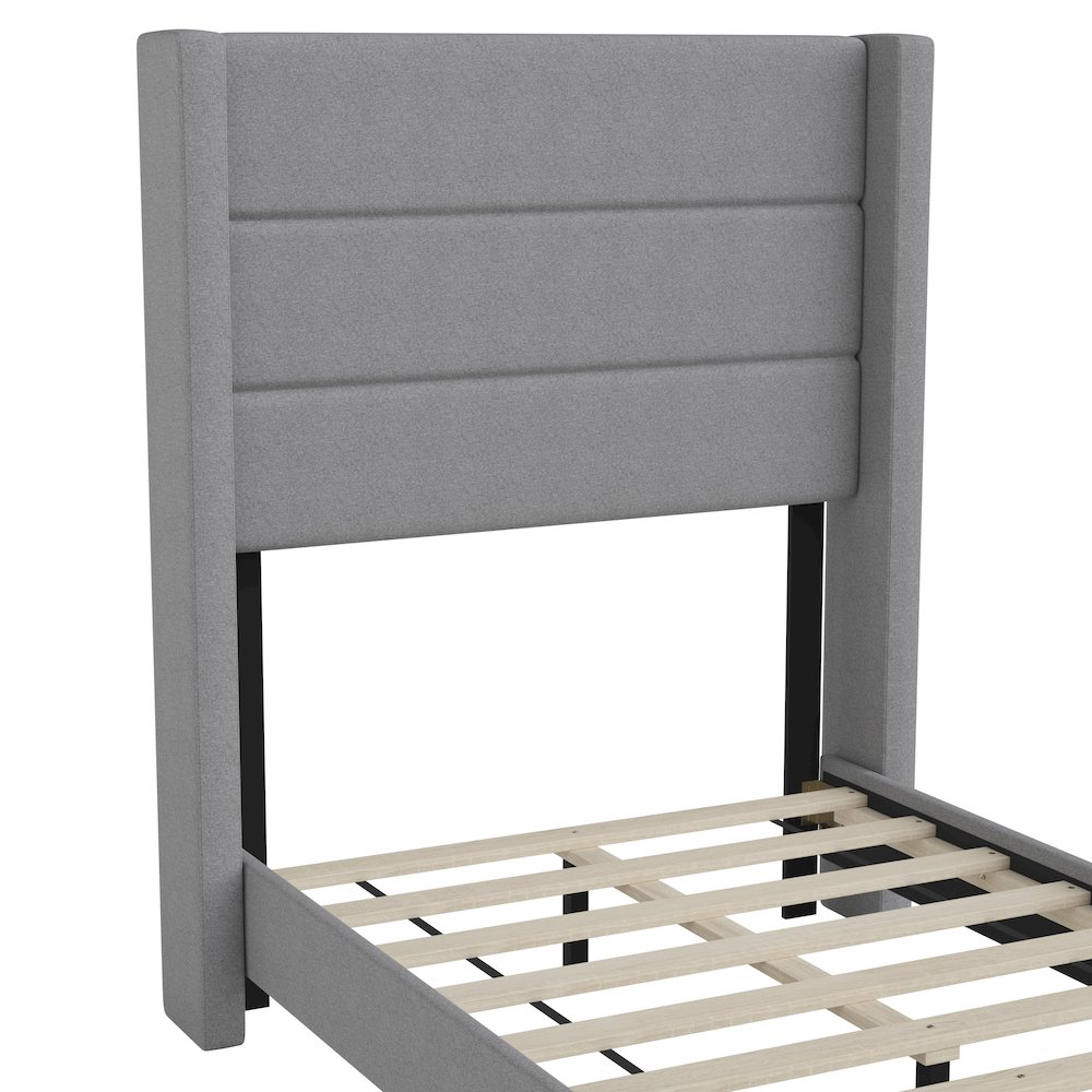 Twin Upholstered Platform Bed with Wingback Headboard, Gray Faux Linen. Picture 11