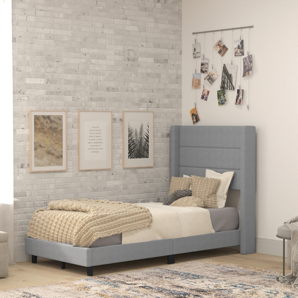 Twin Upholstered Platform Bed with Wingback Headboard, Gray Faux Linen. Picture 2