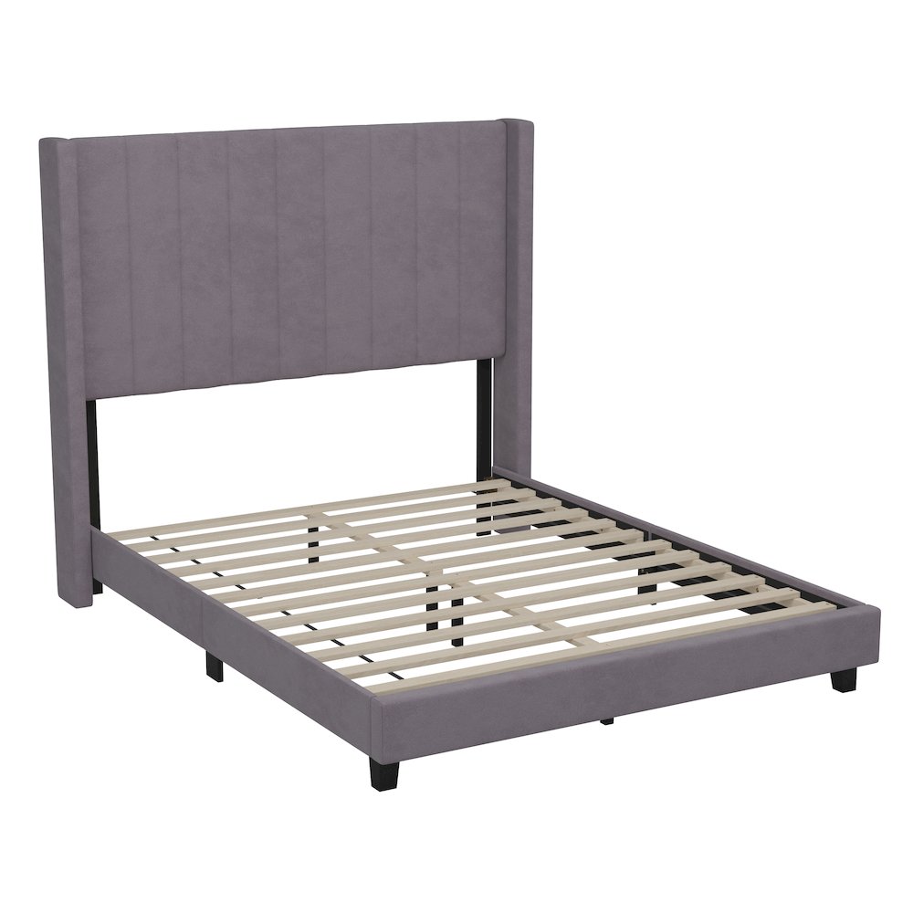 Full Upholstered Platform Bed with Vertical Stitched Headboard, Gray Velvet. Picture 1