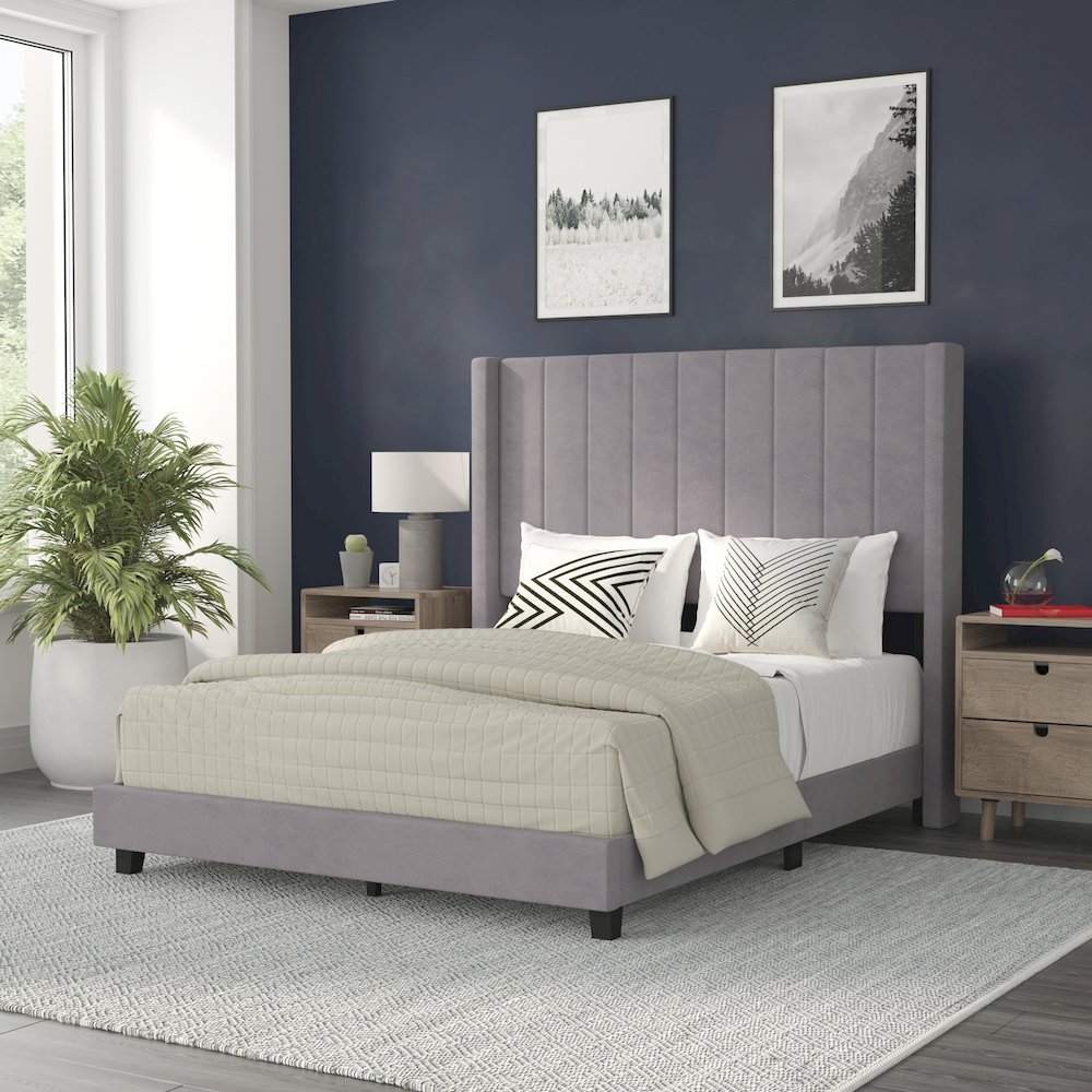 Full Upholstered Platform Bed with Vertical Stitched Headboard, Gray Velvet. Picture 2