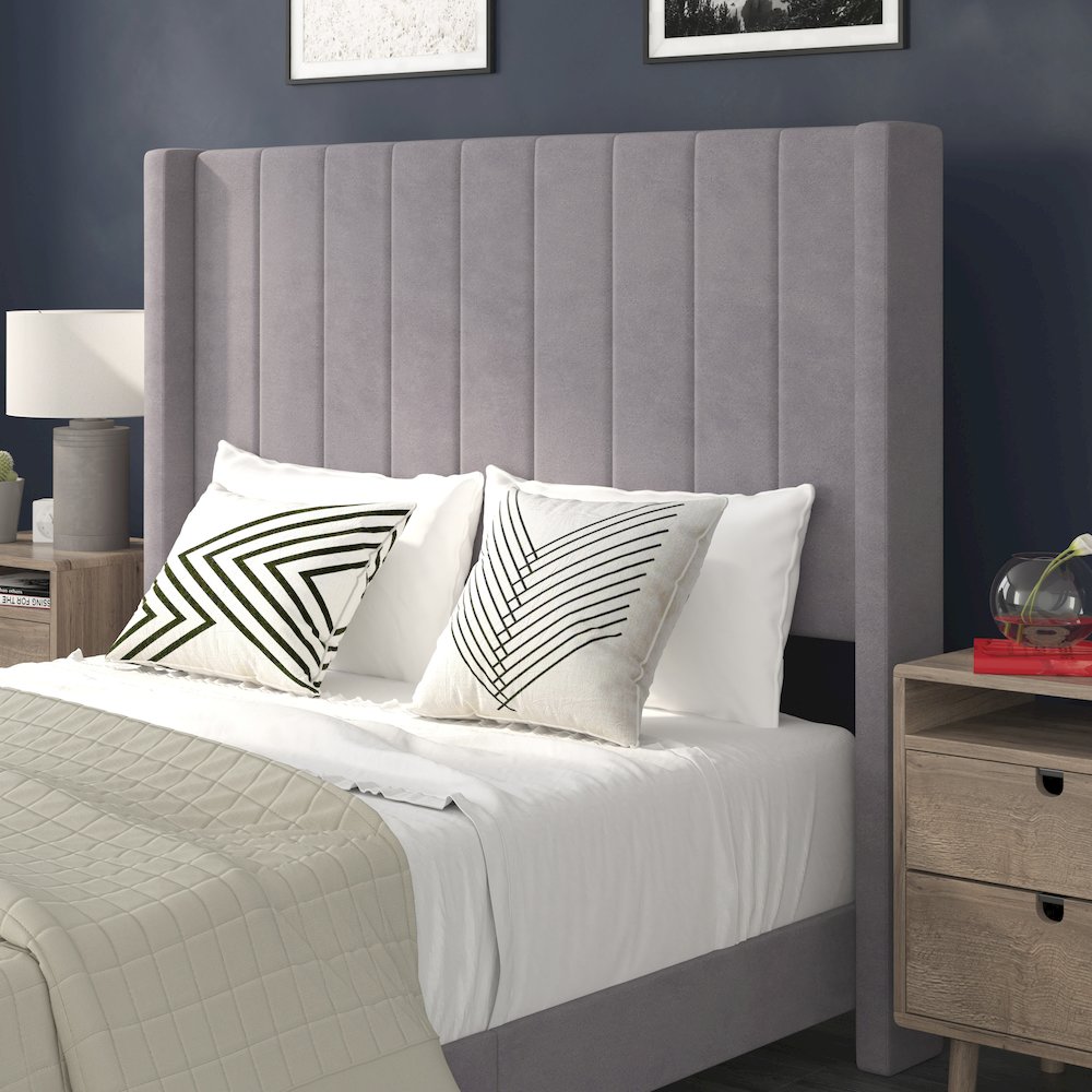 Full Upholstered Platform Bed with Vertical Stitched Headboard, Gray Velvet. Picture 7