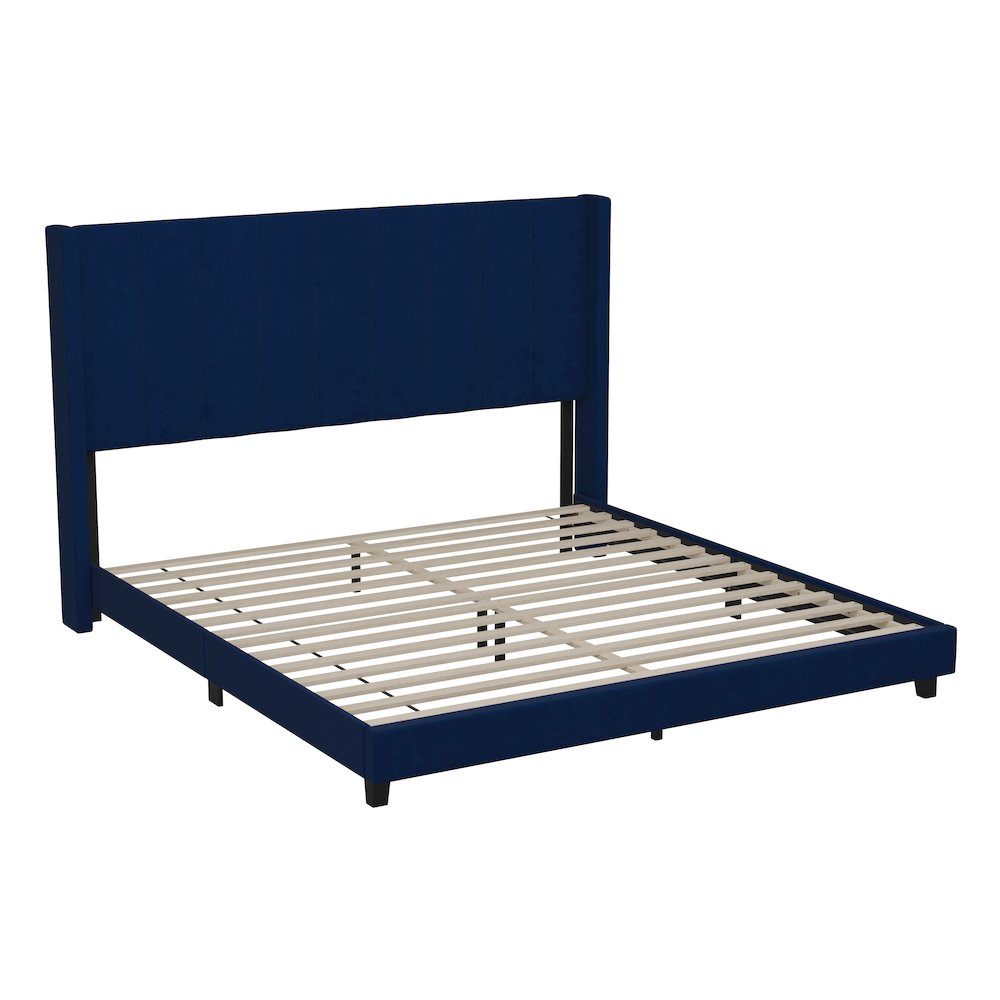King Upholstered Platform Bed with Vertical Stitched Headboard, Navy Velvet. Picture 1