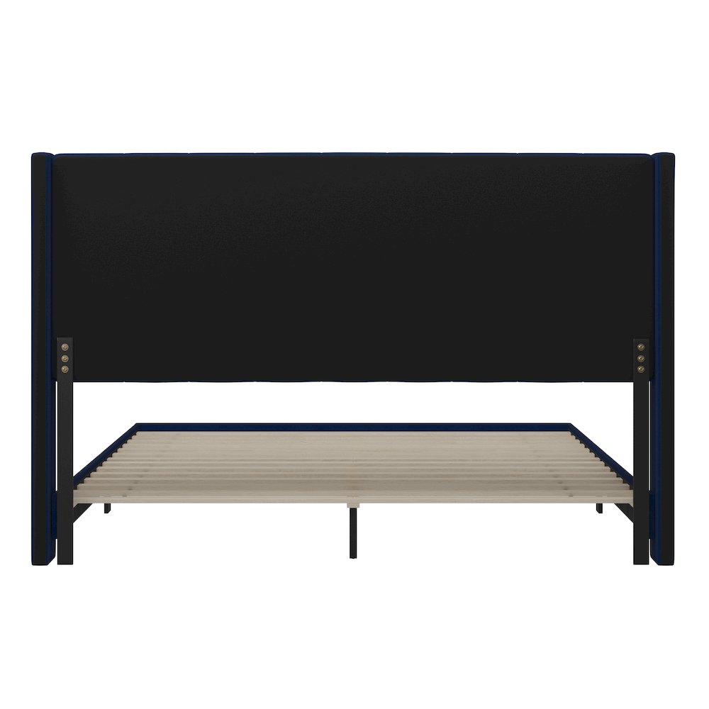 King Upholstered Platform Bed with Vertical Stitched Headboard, Navy Velvet. Picture 8