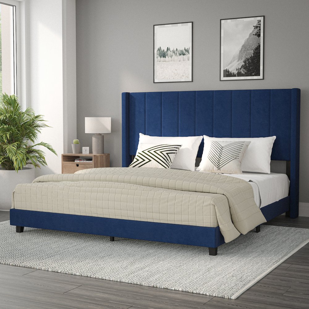 King Upholstered Platform Bed with Vertical Stitched Headboard, Navy Velvet. Picture 2