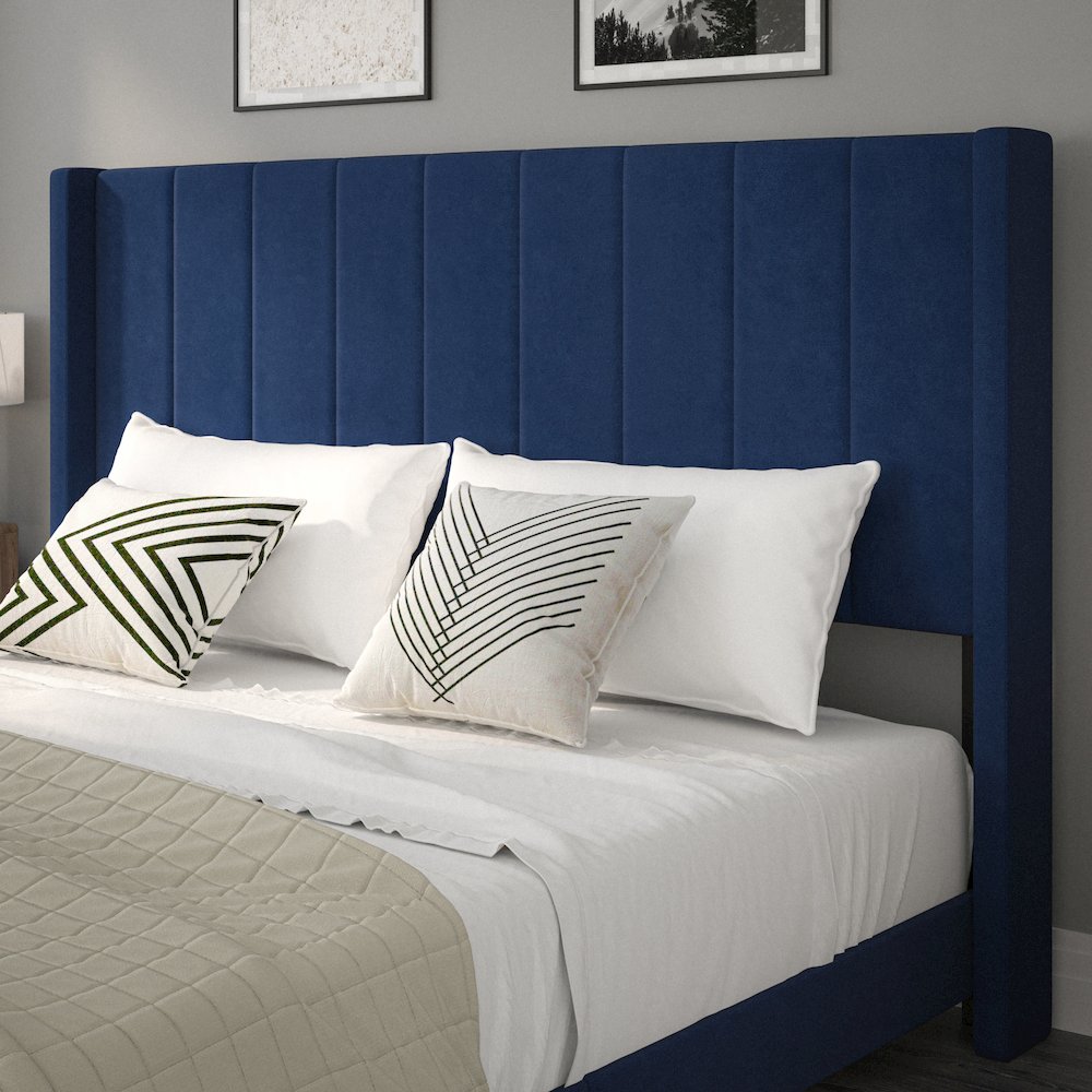 King Upholstered Platform Bed with Vertical Stitched Headboard, Navy Velvet. Picture 6