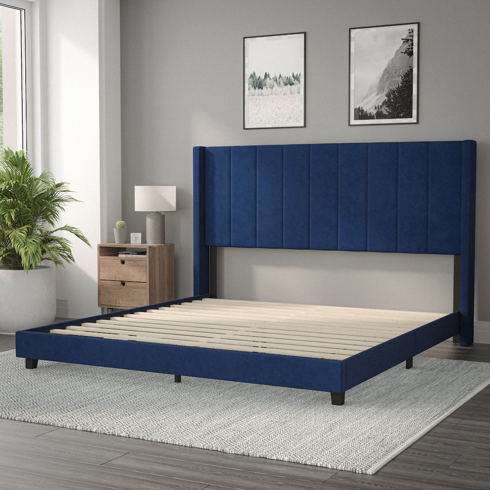 King Upholstered Platform Bed with Vertical Stitched Headboard, Navy Velvet. Picture 7