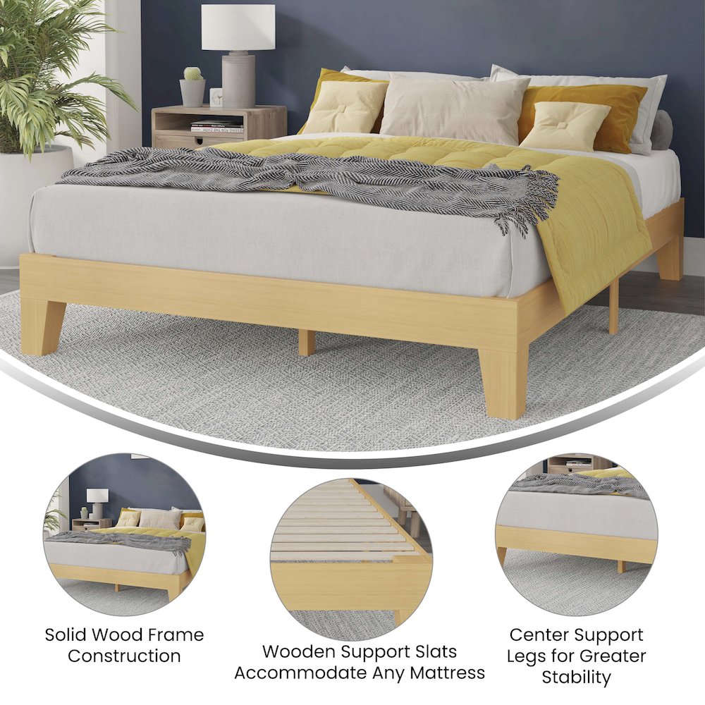 Natural Pine Finish Wood Queen Platform Bed with Wooden Support Slats. Picture 4