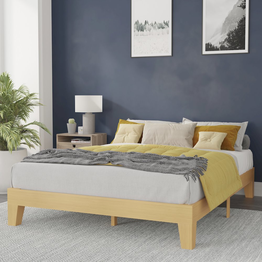 Natural Pine Finish Wood Queen Platform Bed with Wooden Support Slats. Picture 2