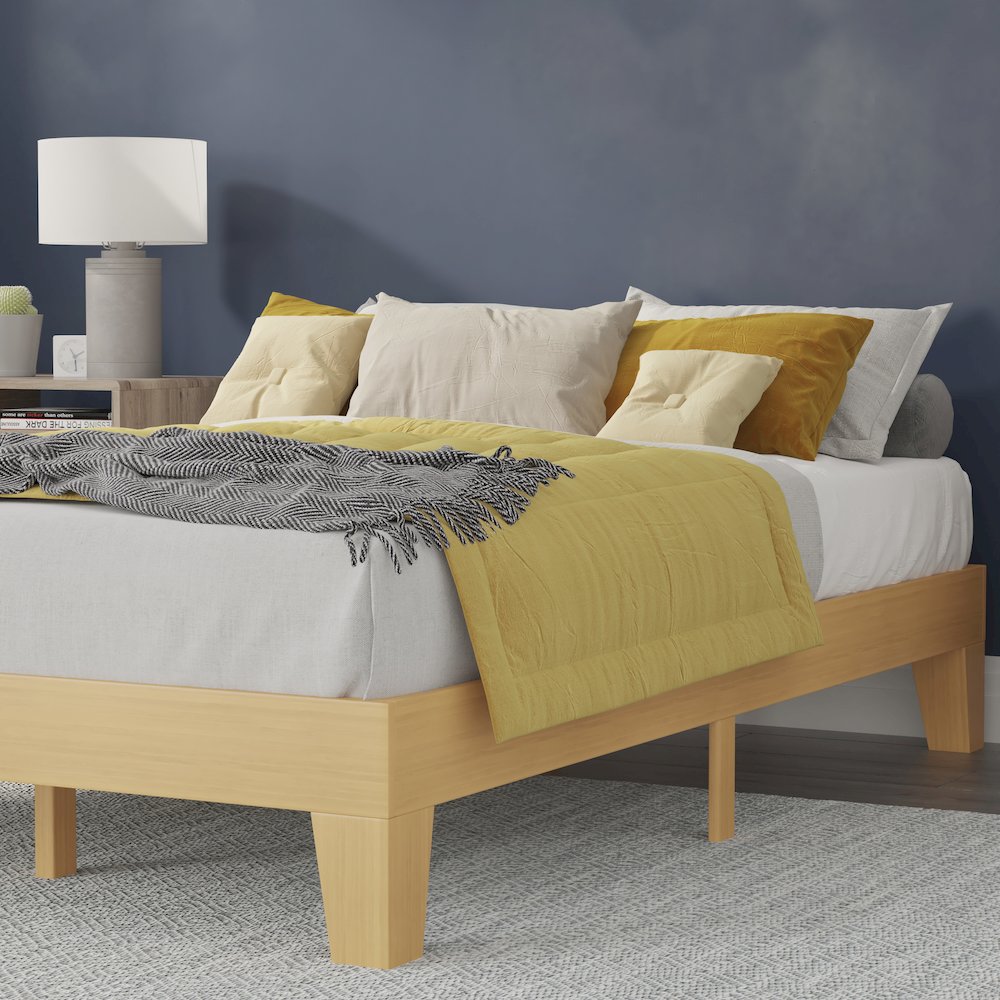 Natural Pine Finish Wood Queen Platform Bed with Wooden Support Slats. Picture 6