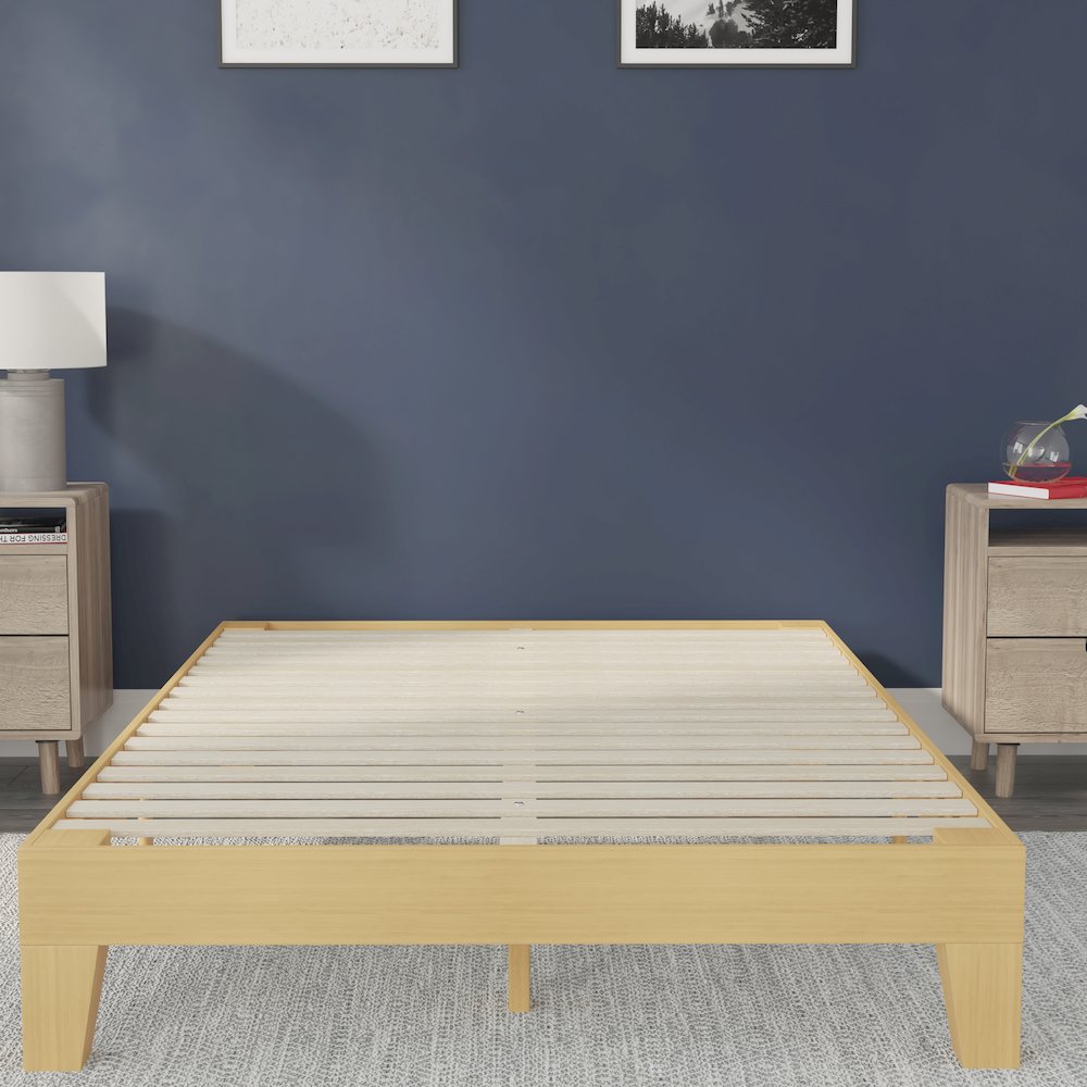 Natural Pine Finish Wood Queen Platform Bed with Wooden Support Slats. Picture 7