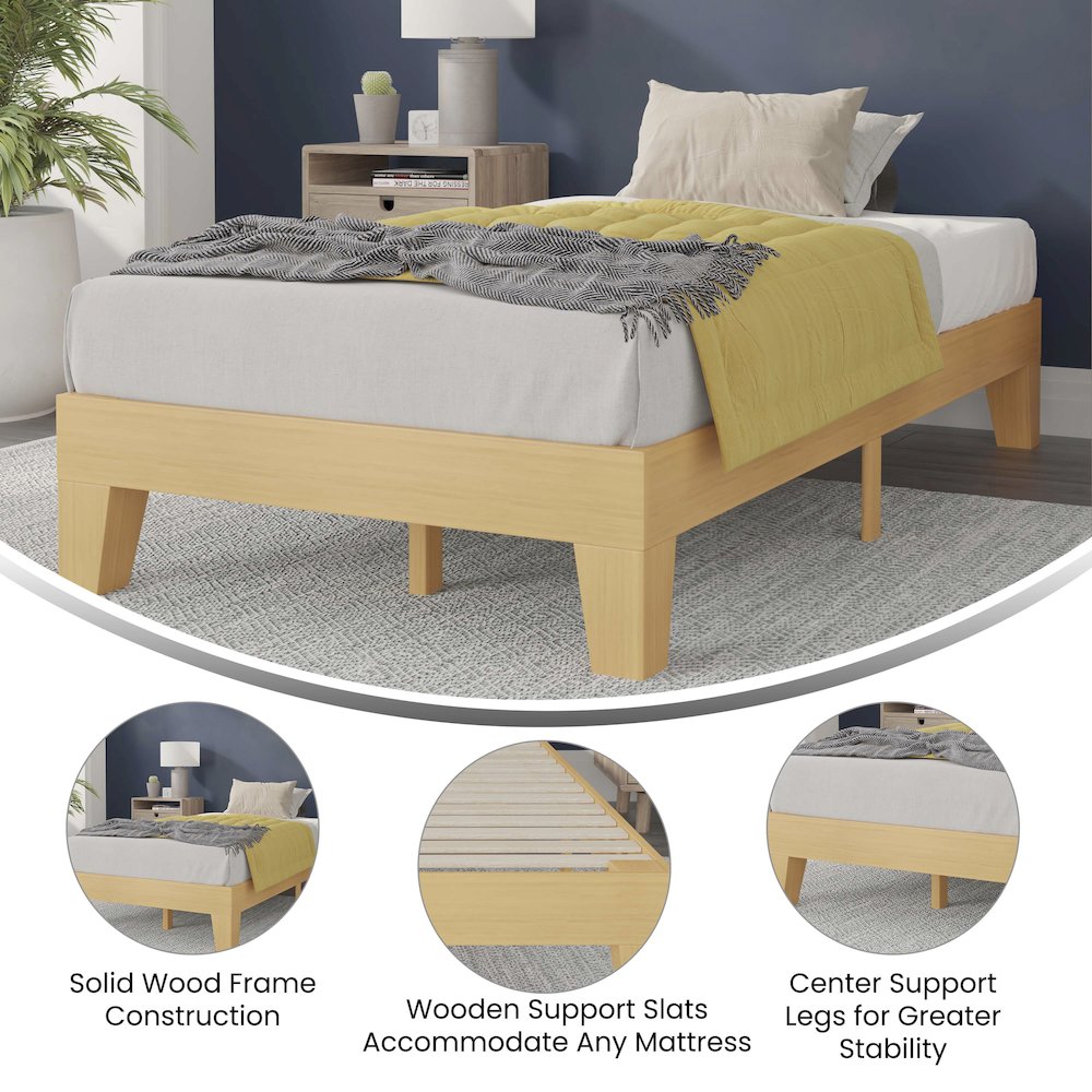 Natural Pine Finish Wood Twin Platform Bed with Wooden Support Slats. Picture 4