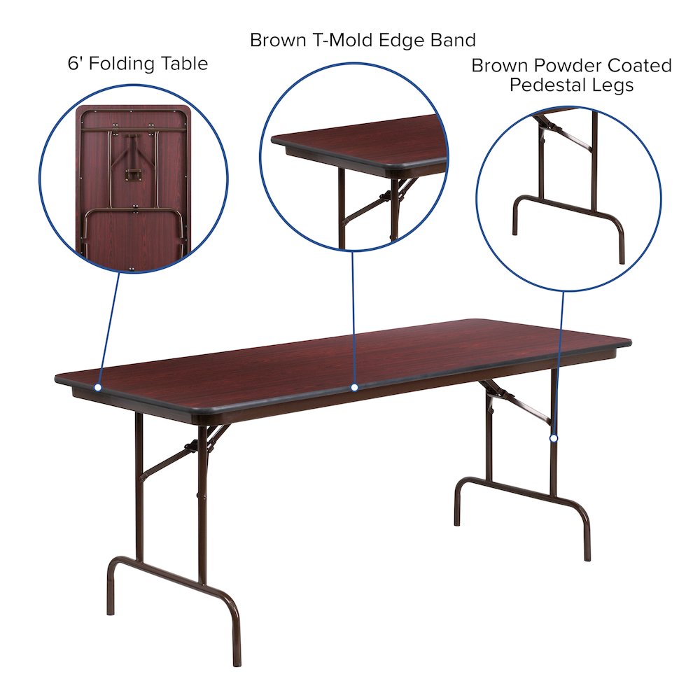 6-Foot Mahogany Melamine Laminate Folding Banquet Table. Picture 4