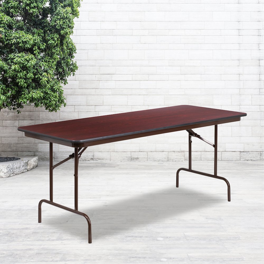 6-Foot Mahogany Melamine Laminate Folding Banquet Table. Picture 2