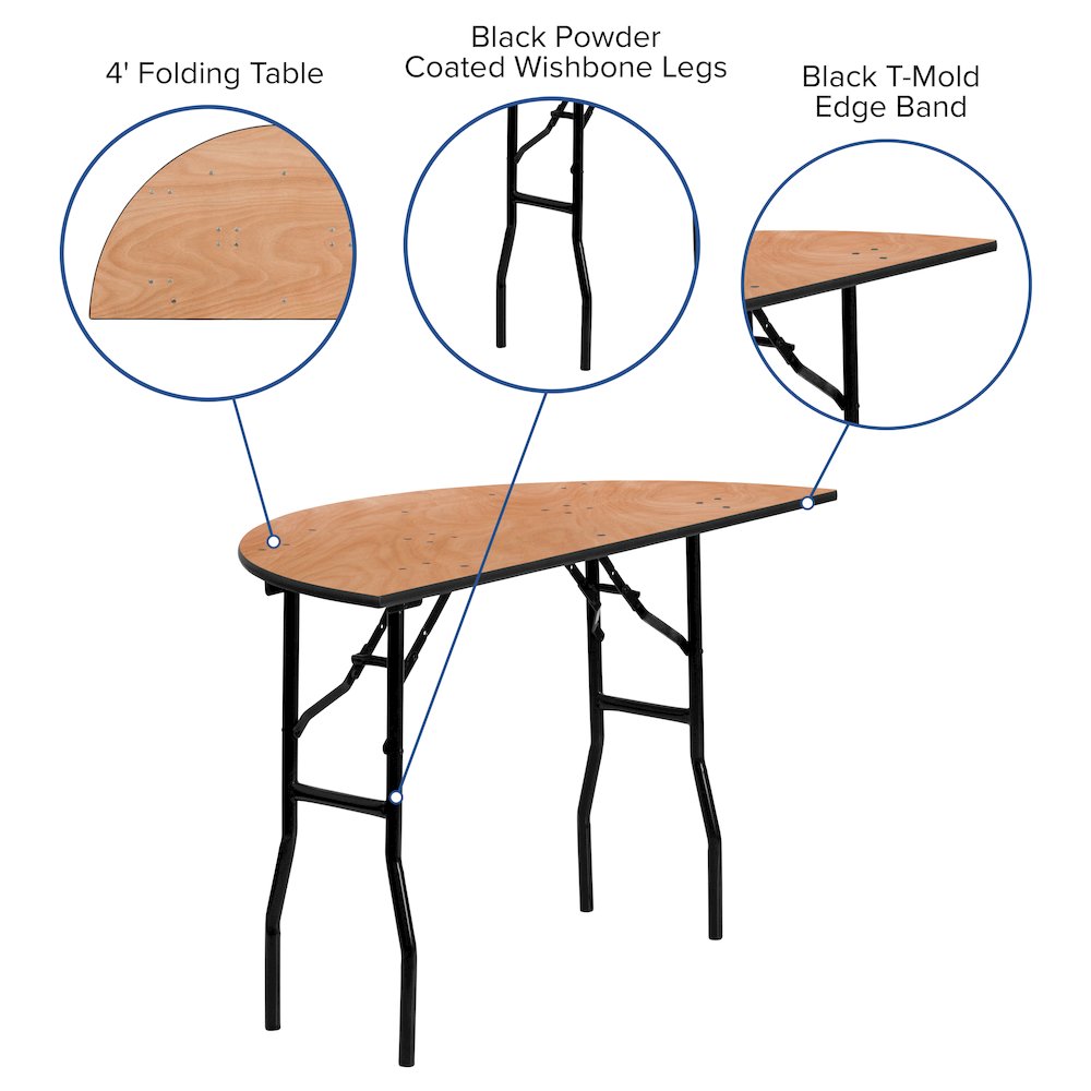 4-Foot Half-Round Wood Folding Banquet Table. Picture 5