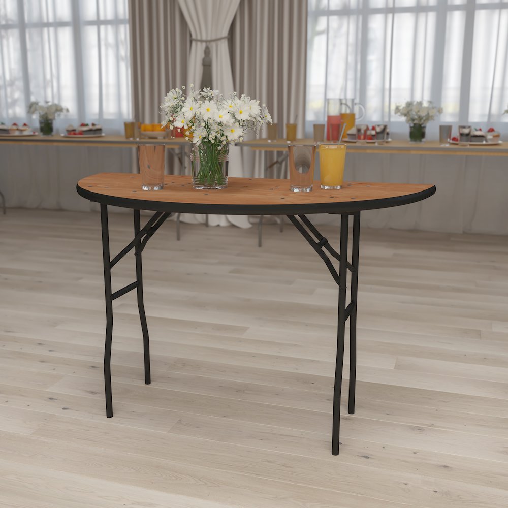 4-Foot Half-Round Wood Folding Banquet Table. Picture 2