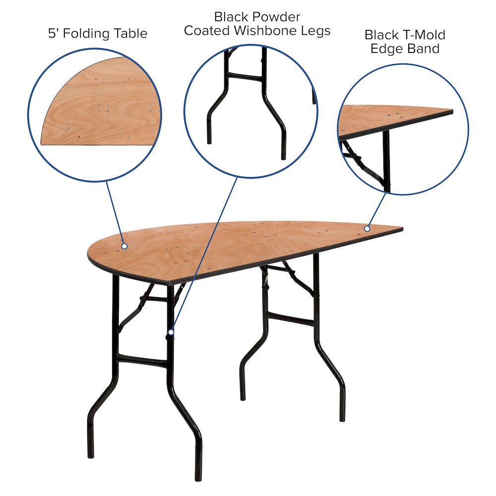 5-Foot Half-Round Wood Folding Banquet Table. Picture 5