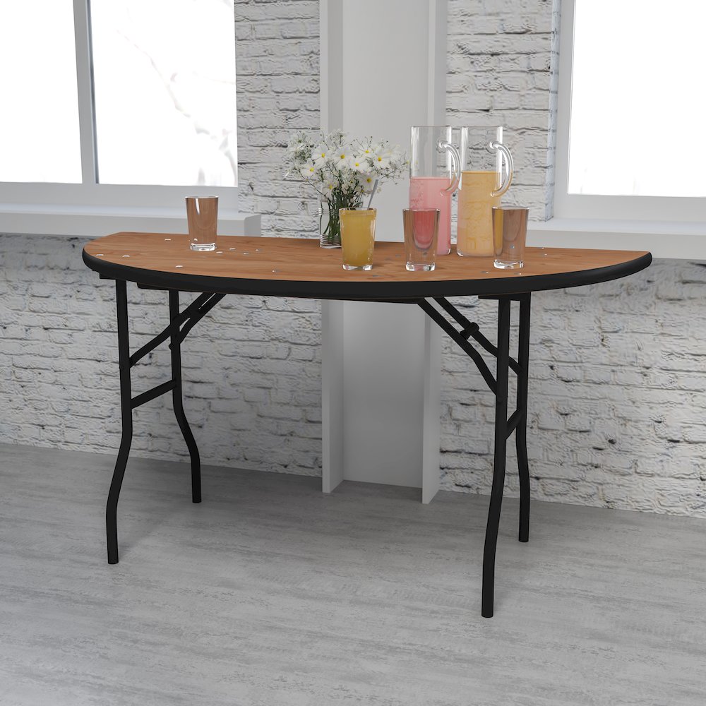 5-Foot Half-Round Wood Folding Banquet Table. Picture 2