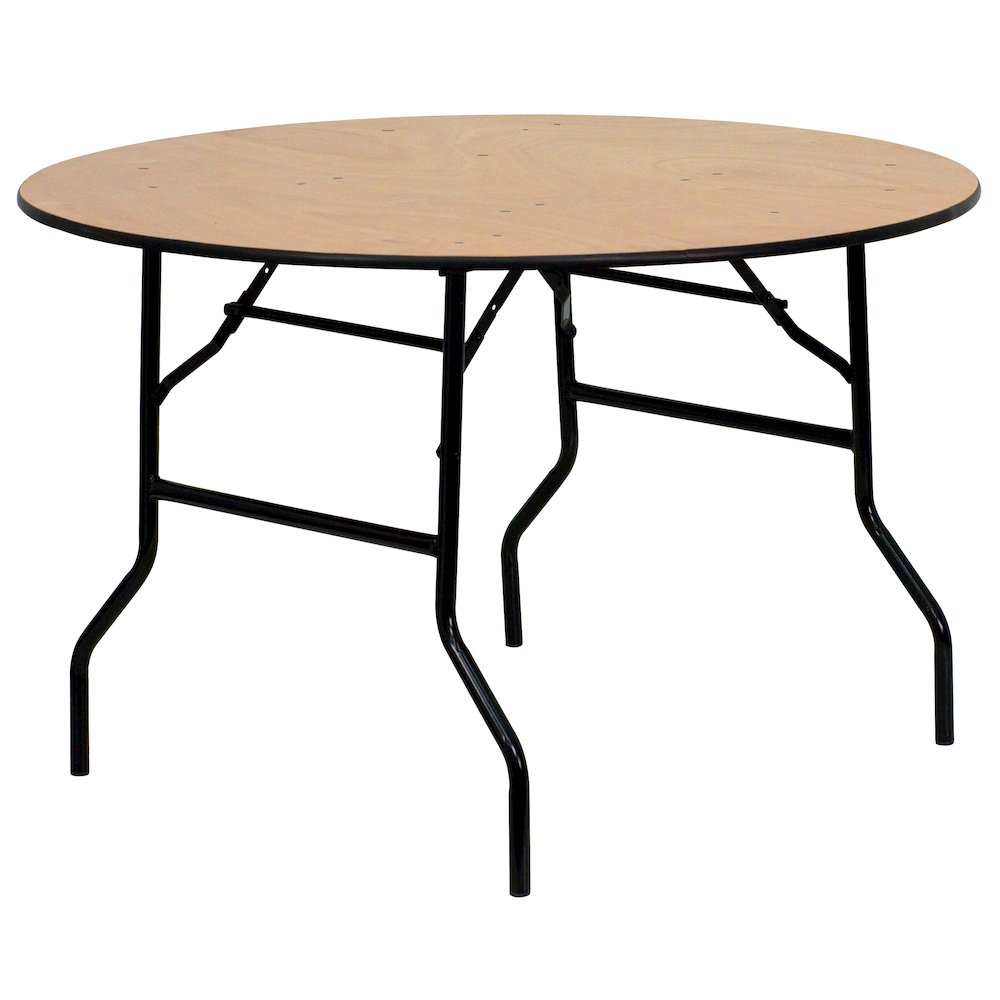 4-Foot Round Wood Folding Banquet Table with Clear Coated Finished Top. Picture 1