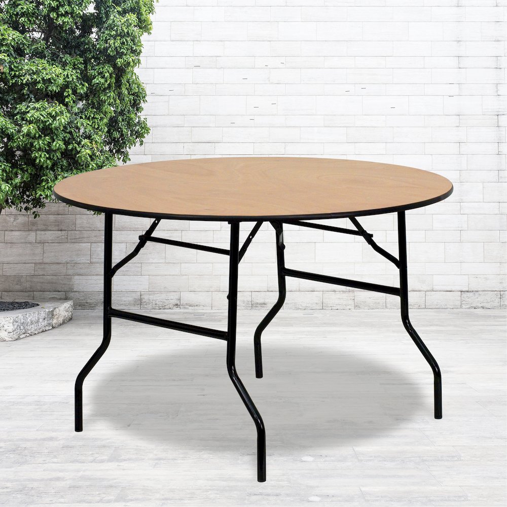 4-Foot Round Wood Folding Banquet Table with Clear Coated Finished Top. Picture 2