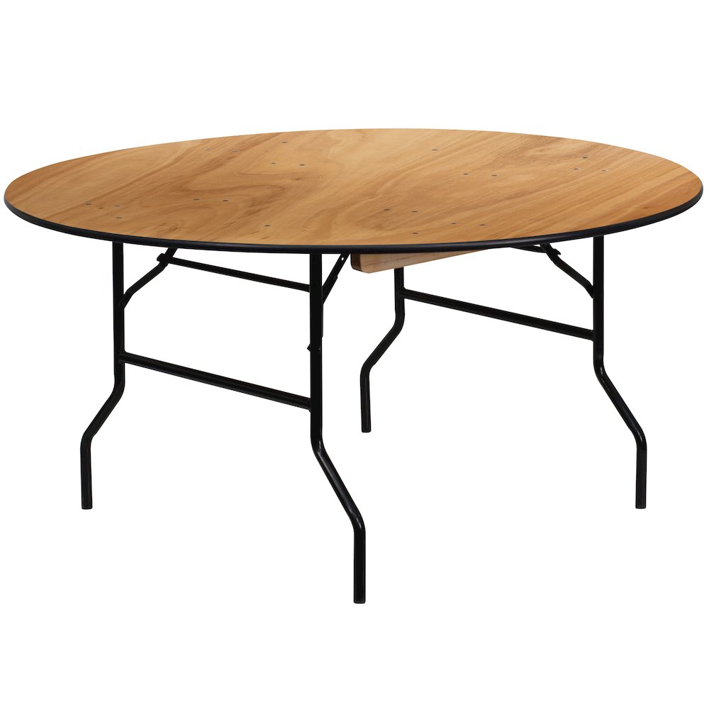 5-Foot Round Wood Folding Banquet Table with Clear Coated Finished Top. Picture 1