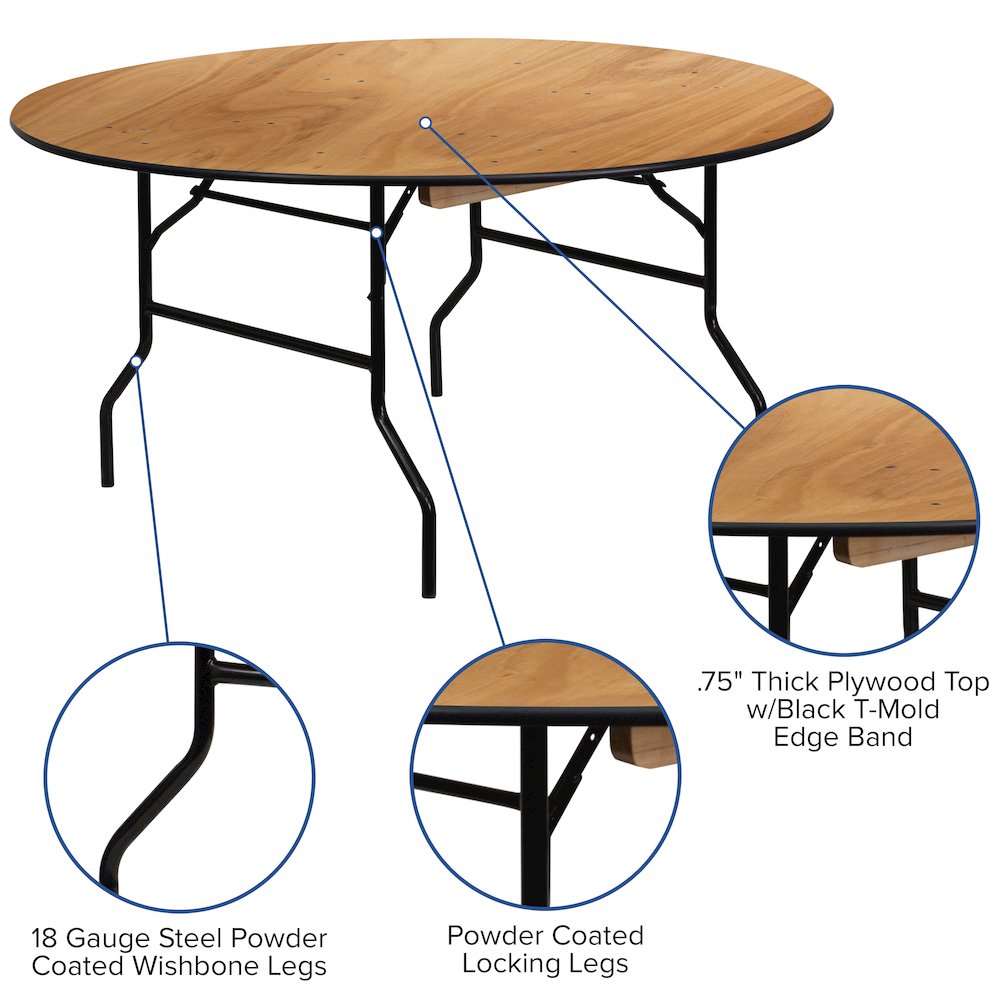 5-Foot Round Wood Folding Banquet Table with Clear Coated Finished Top. Picture 4