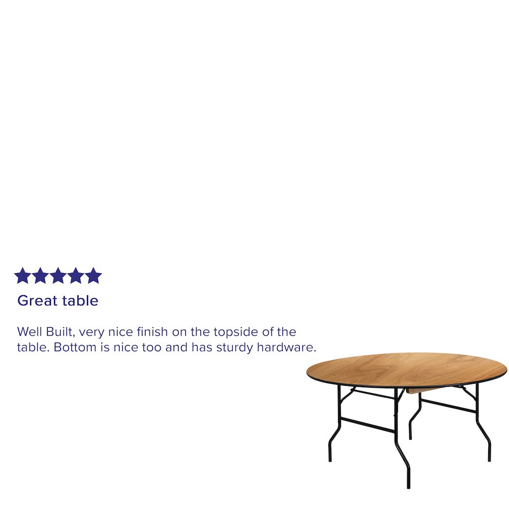 5-Foot Round Wood Folding Banquet Table with Clear Coated Finished Top. Picture 6
