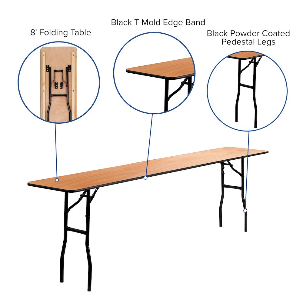 8-Foot Wood Folding Table with Smooth Clear Coated Finished Top. Picture 5