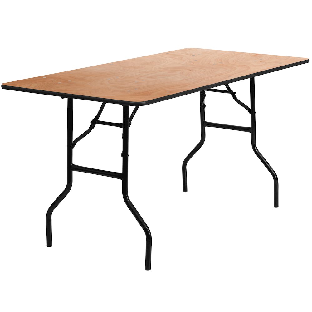 5-Foot Rectangular Wood Folding Banquet Table with Clear Coated Finished Top. Picture 1