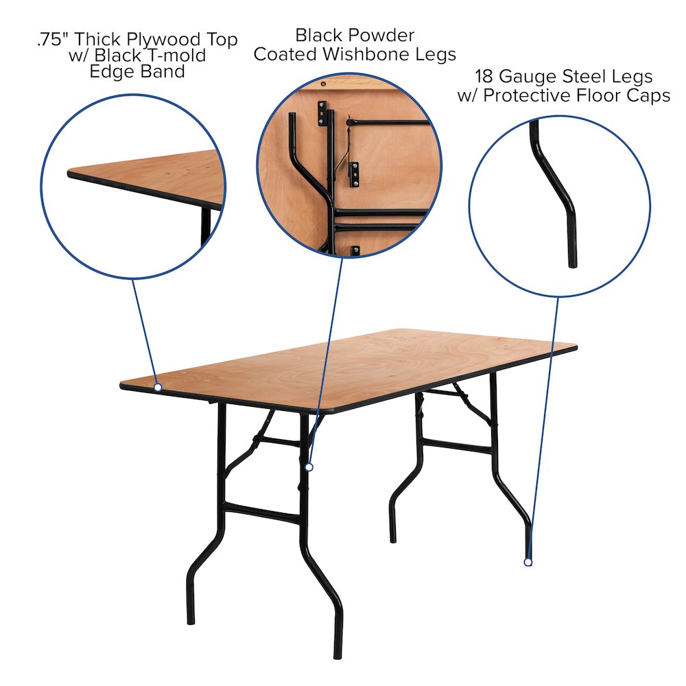 5-Foot Rectangular Wood Folding Banquet Table with Clear Coated Finished Top. Picture 5