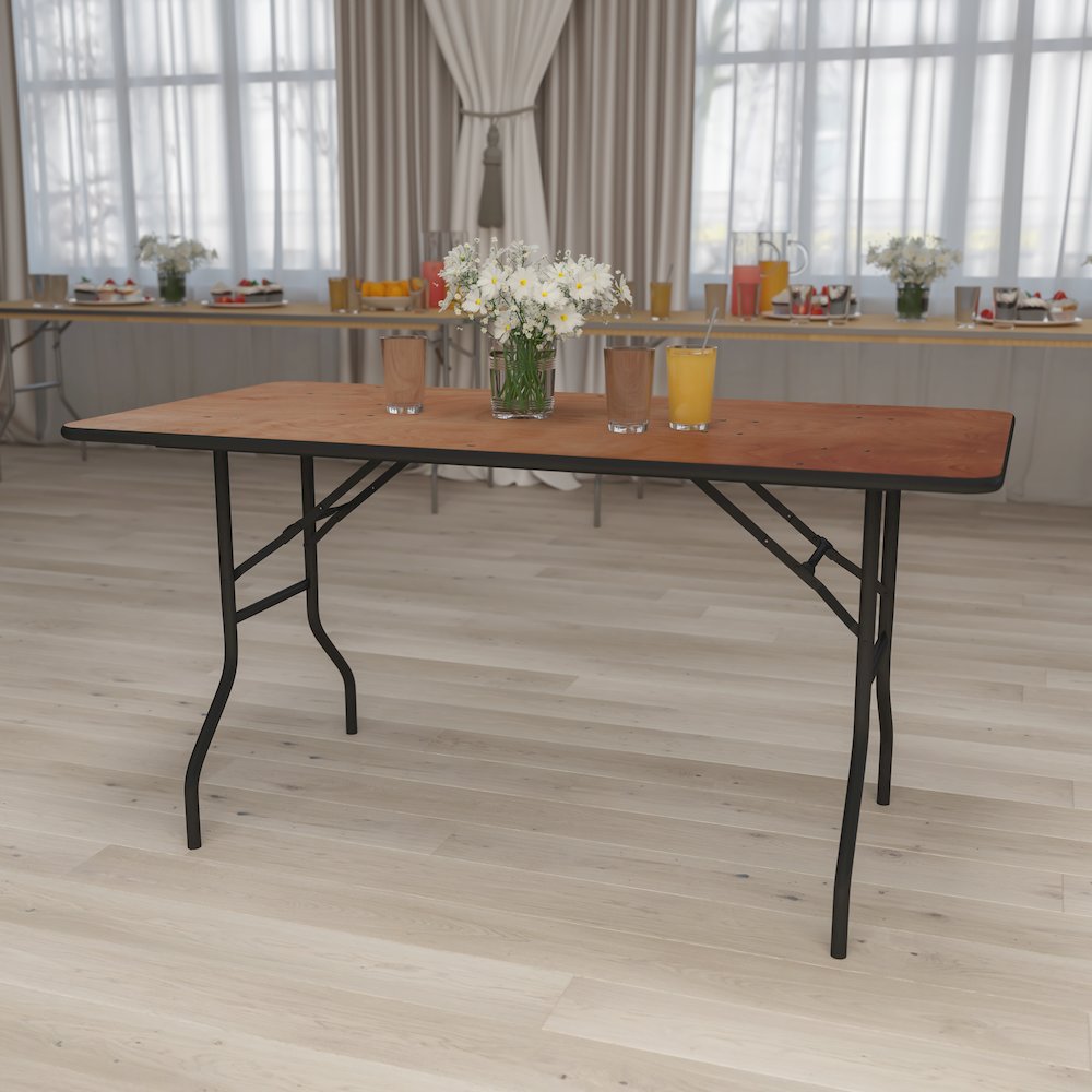 5-Foot Rectangular Wood Folding Banquet Table with Clear Coated Finished Top. Picture 2