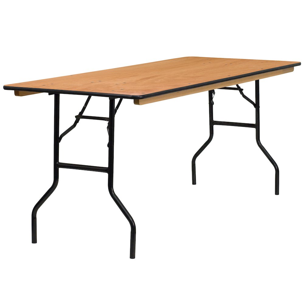 6-Foot Rectangular Wood Folding Banquet Table with Clear Coated Finished Top. Picture 1