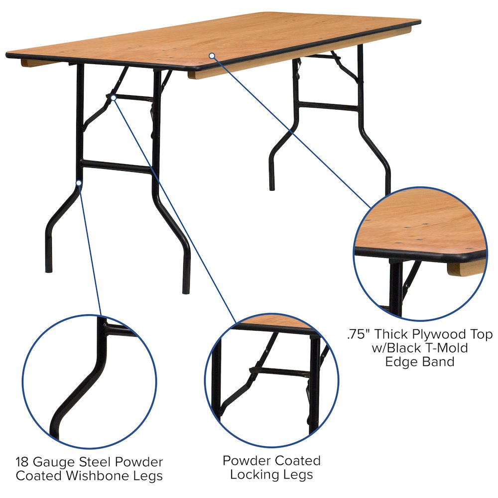 6-Foot Rectangular Wood Folding Banquet Table with Clear Coated Finished Top. Picture 4