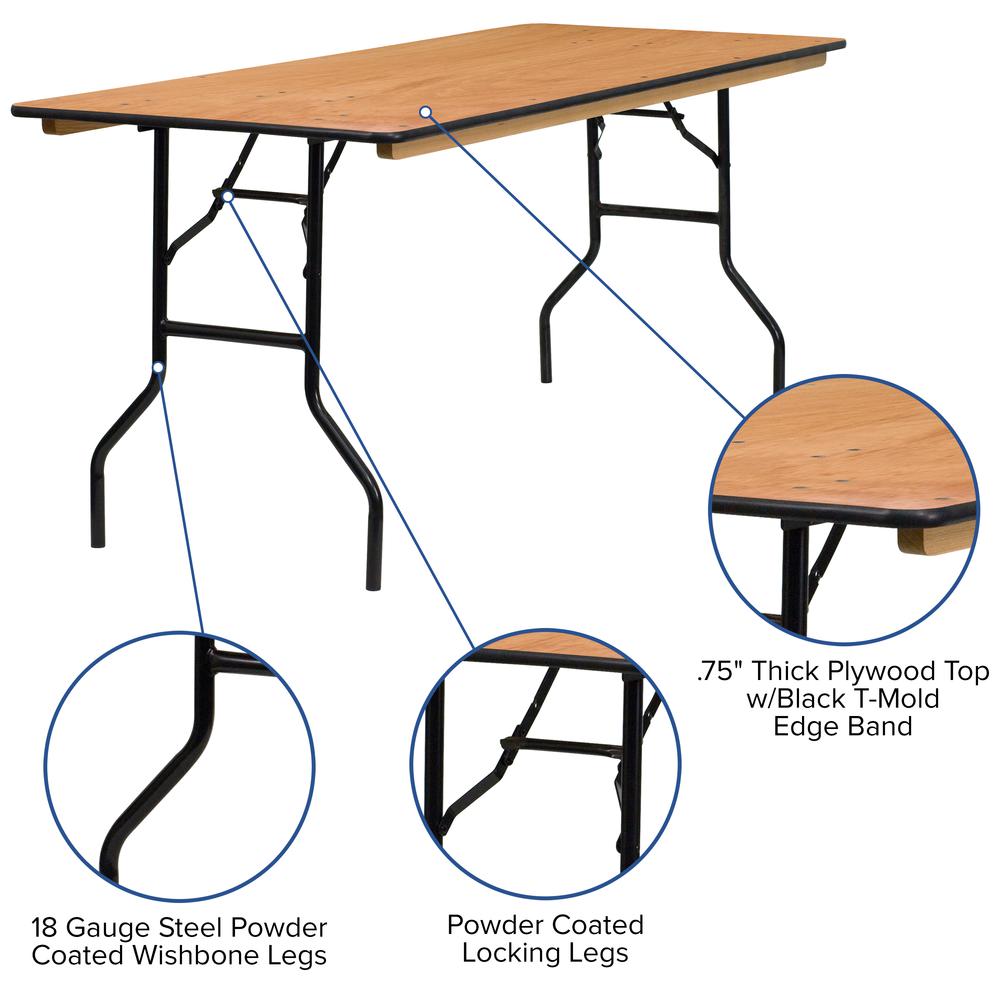 6-Foot Rectangular Wood Folding Banquet Table with Clear Coated Finished Top. Picture 4