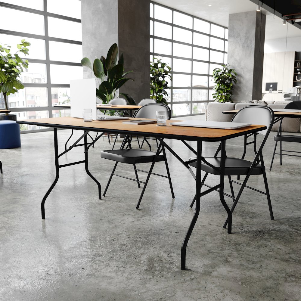 6-Foot Rectangular Wood Folding Banquet Table with Clear Coated Finished Top. Picture 6