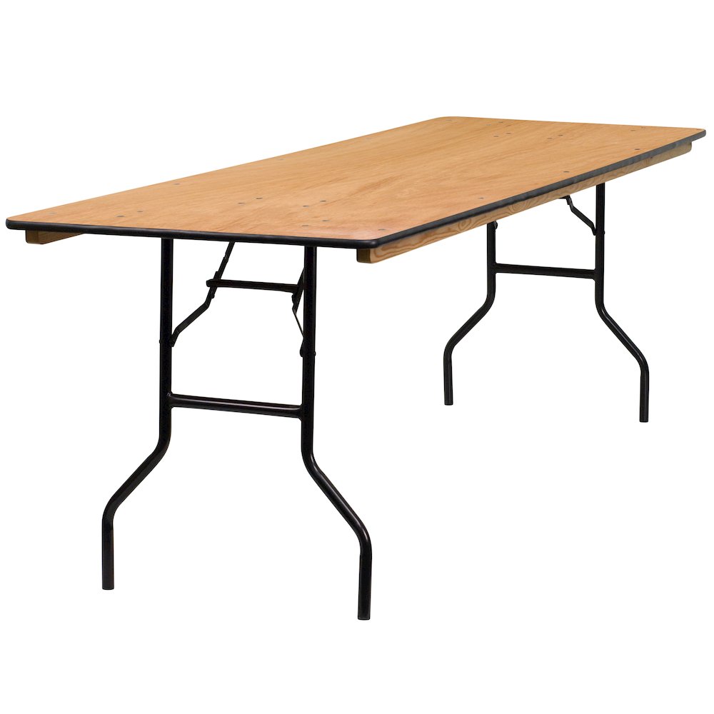 8-Foot Rectangular Wood Folding Banquet Table with Clear Coated Finished Top. Picture 1