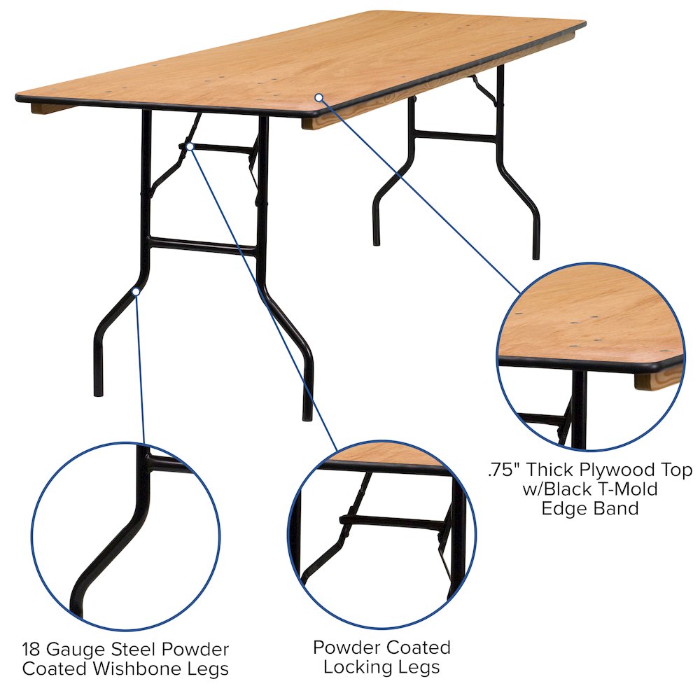 8-Foot Rectangular Wood Folding Banquet Table with Clear Coated Finished Top. Picture 4