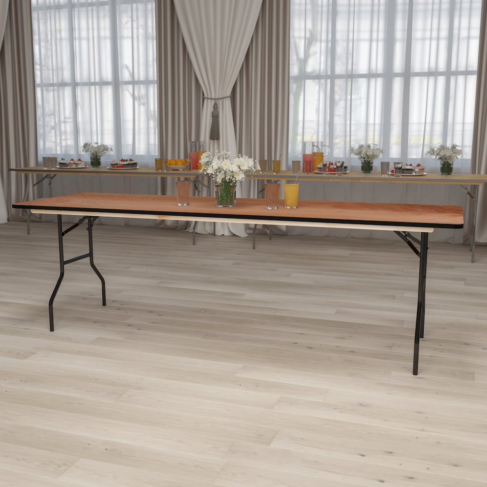 8-Foot Rectangular Wood Folding Banquet Table with Clear Coated Finished Top. Picture 5