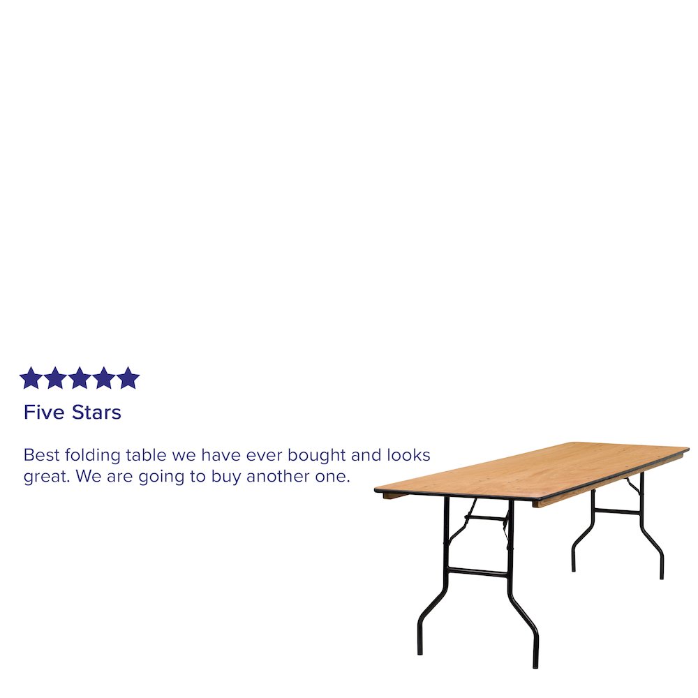 8-Foot Rectangular Wood Folding Banquet Table with Clear Coated Finished Top. Picture 6