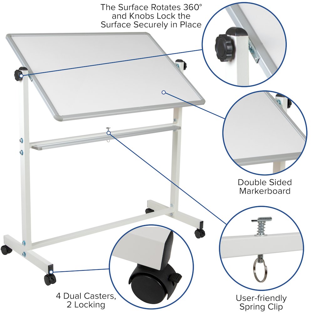 45.25"W x 54.75"H Double-Sided Mobile White Board with Pen Tray. Picture 4