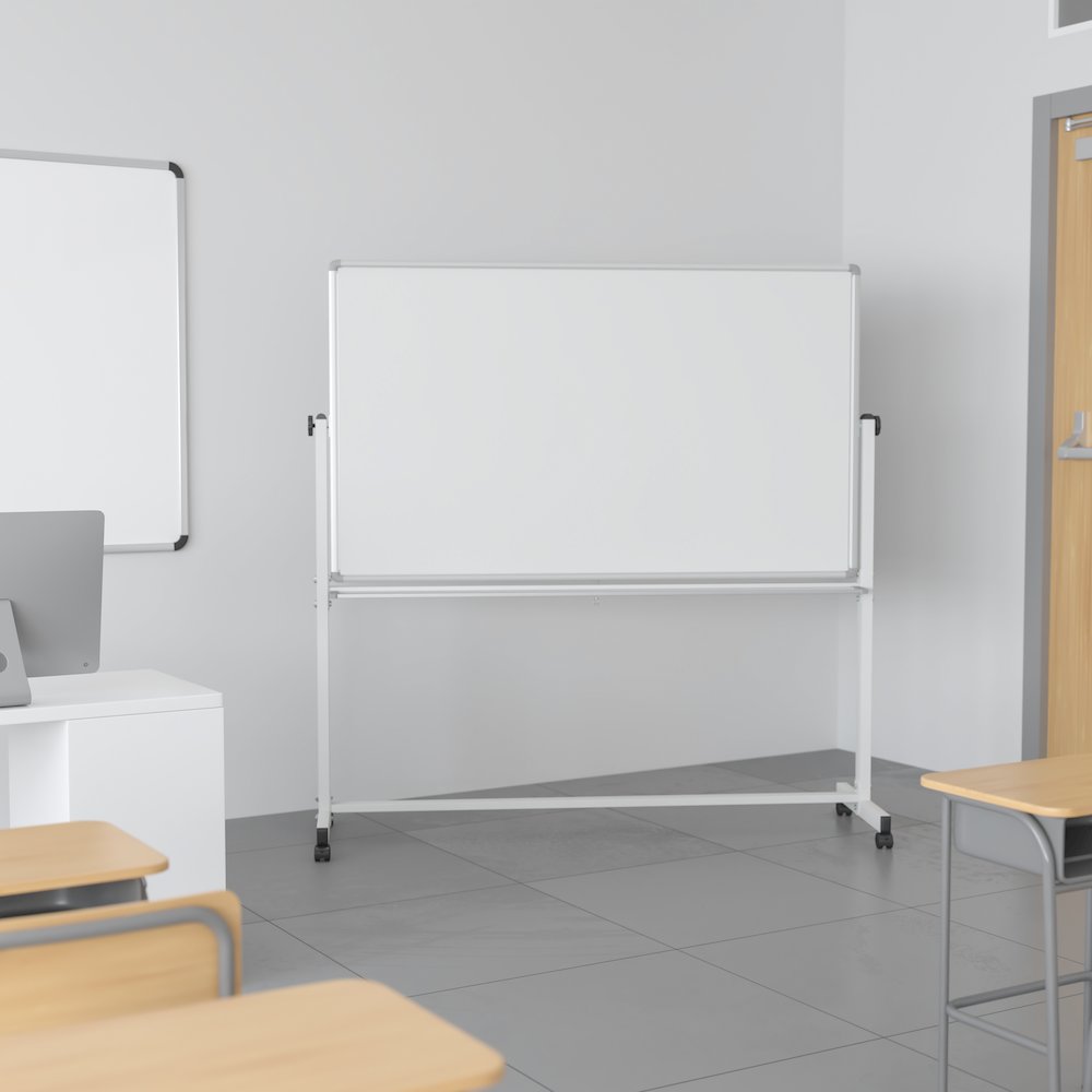 45.25"W x 54.75"H Double-Sided Mobile White Board with Pen Tray. Picture 2
