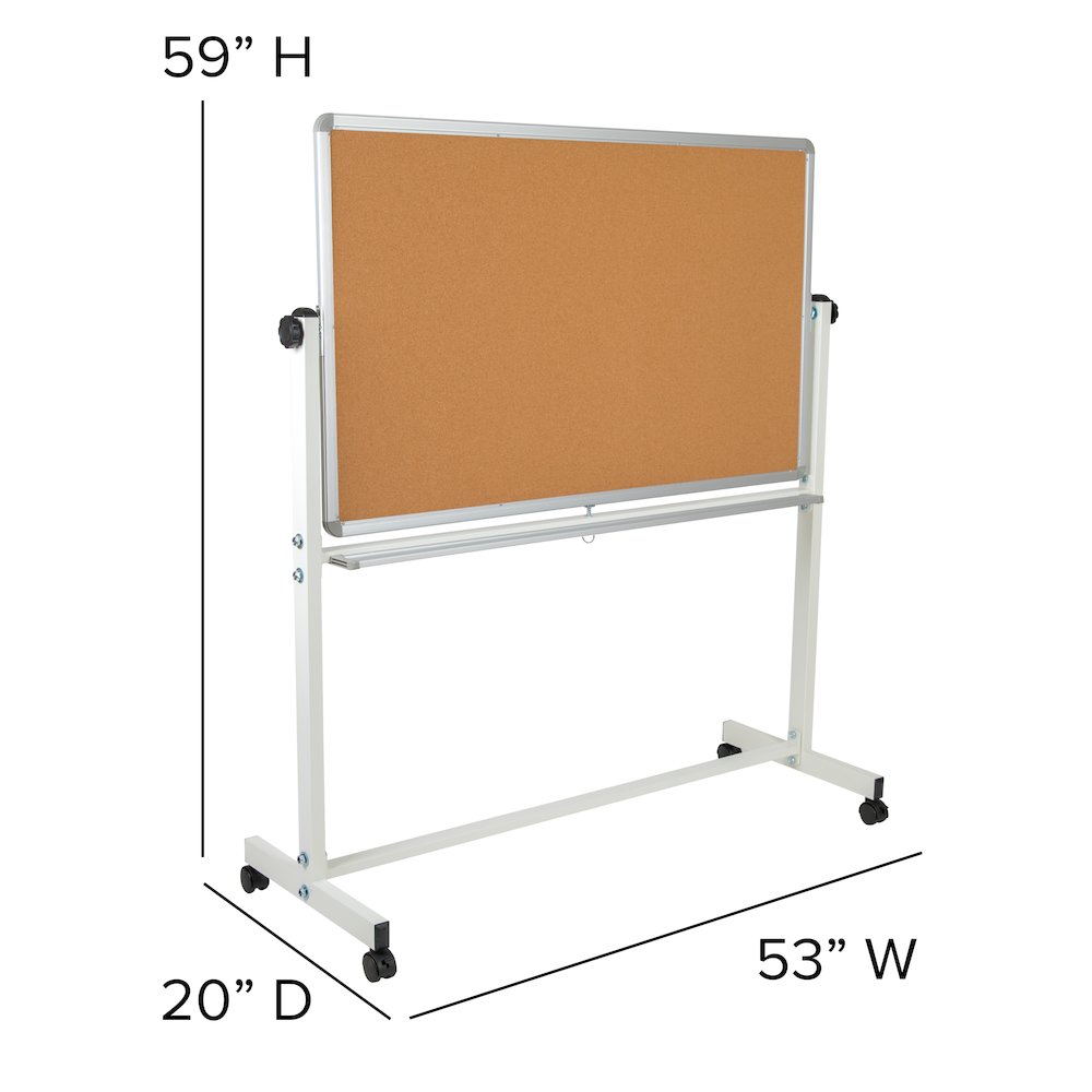 Reversible Mobile Cork Bulletin Board and White Board with Pen Tray, 53"W x 59"H. Picture 2