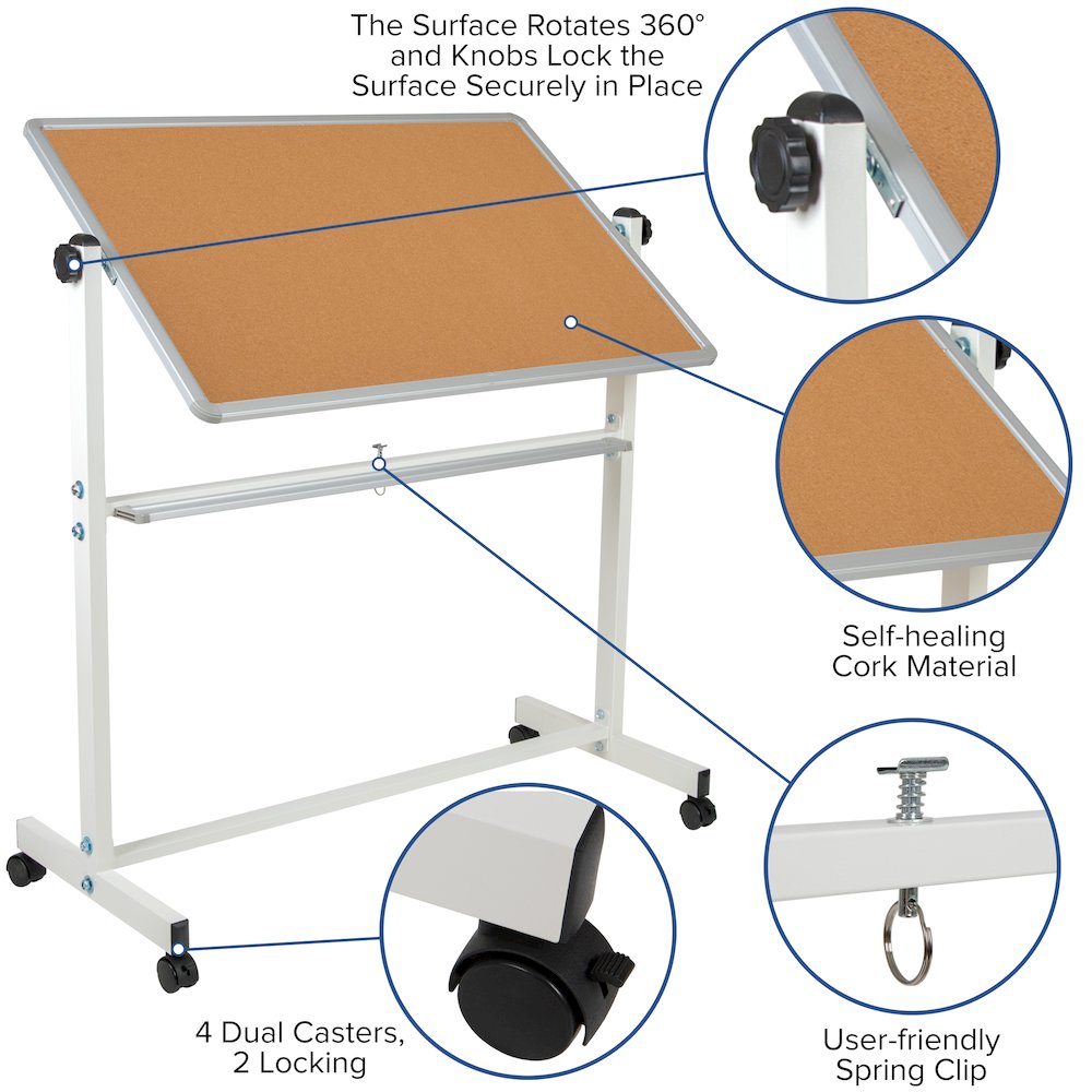 Reversible Mobile Cork Bulletin Board and White Board with Pen Tray, 53"W x 59"H. Picture 10
