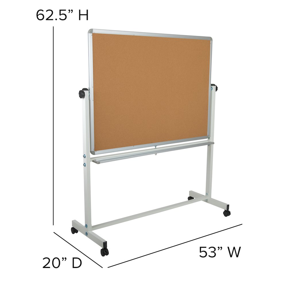 Reversible Mobile Cork Bulletin Board and White Board with Pen Tray, 53"W x 62.5"H. Picture 2